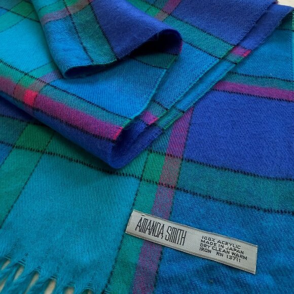 Vintage Bright Tartan Acrylic Scarf With Fringe MADE IN JAPAN - Picture 4 of 4